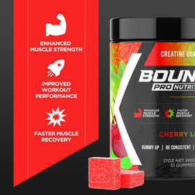 Gummies créatine monohydrate Bounce Pro sur une table avec d'autres suppléments