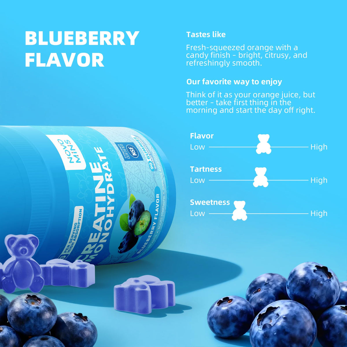 Gummies créatine monohydrate Novomins, mise en scène avec des accessoires de fitness