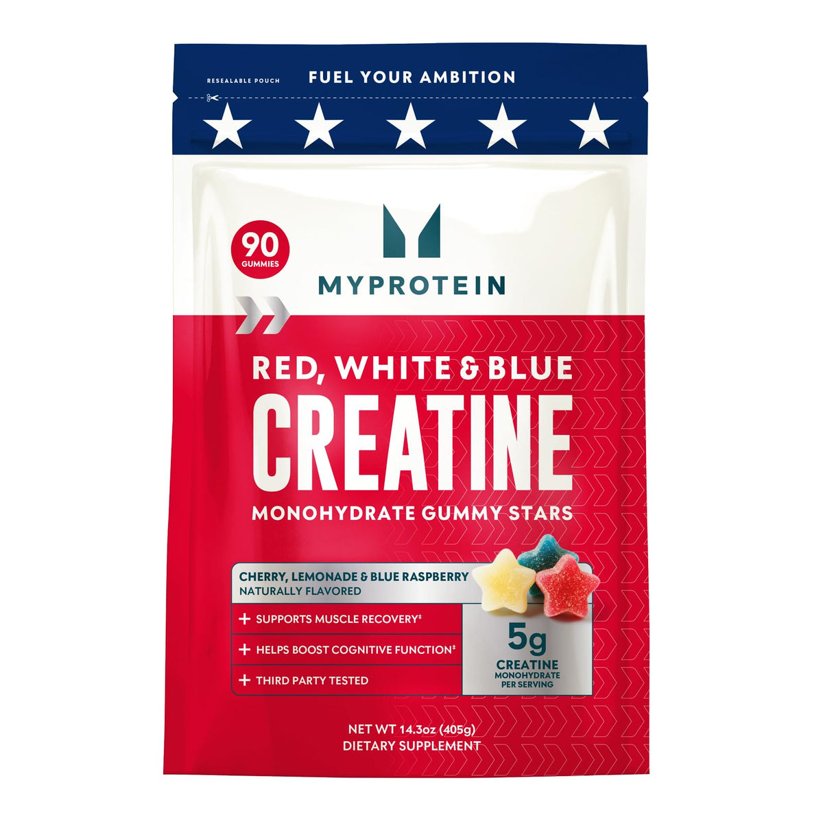 Gummies Créatine Myprotein, vue de face avec portion de gummies