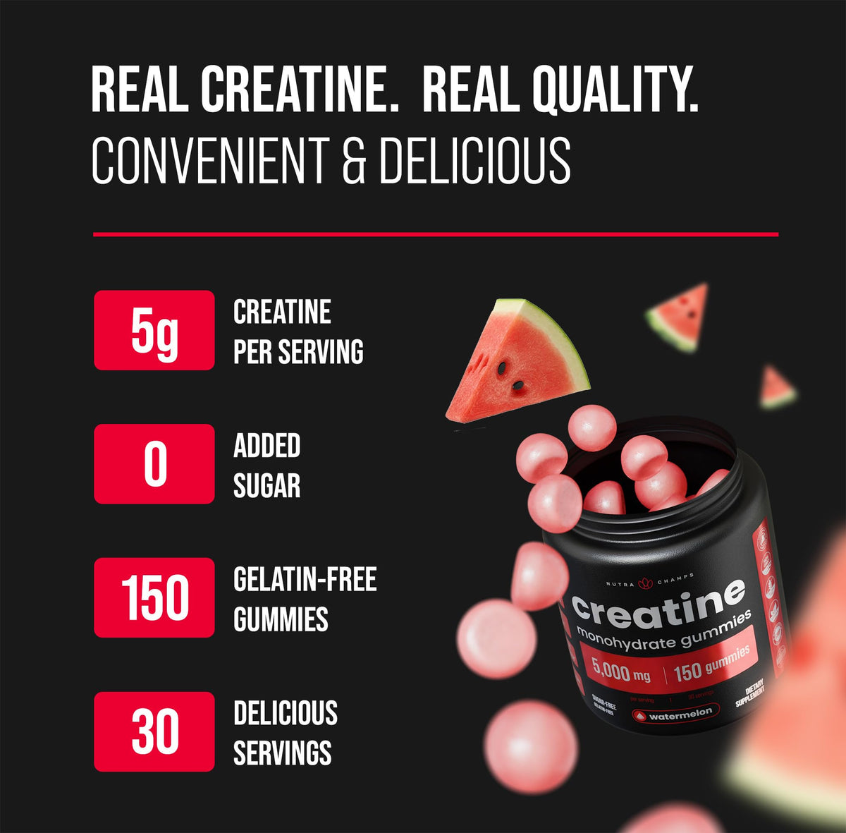 Gummies créatine NutraChamps 150 g montrant la texture et la couleur