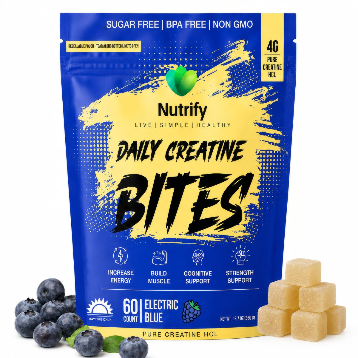 Gummies créatine Nutrify avec emballage et bonbons en vue de face