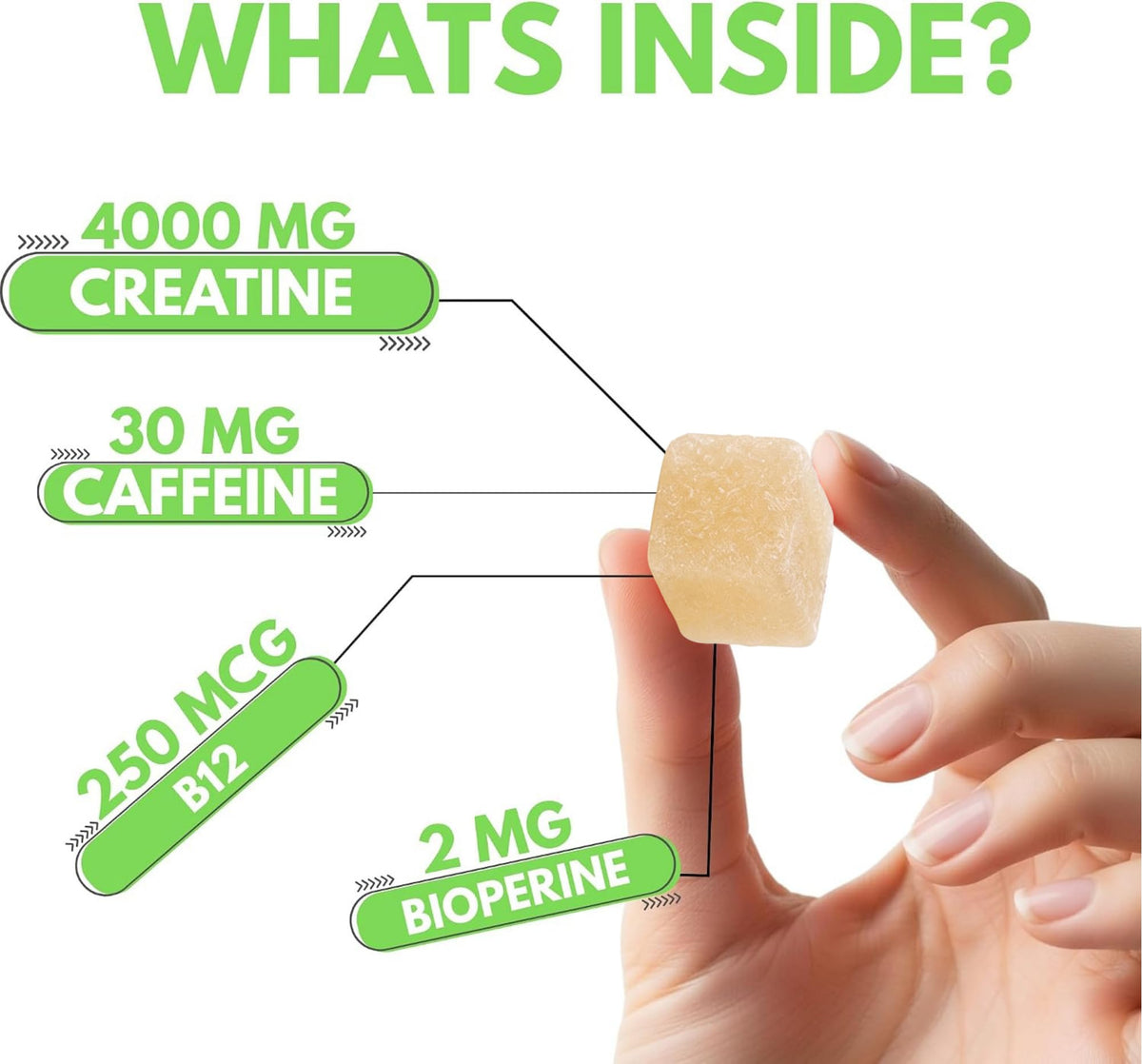 Gummies créatine Nutrify sur une table avec des fruits frais en arrière-plan