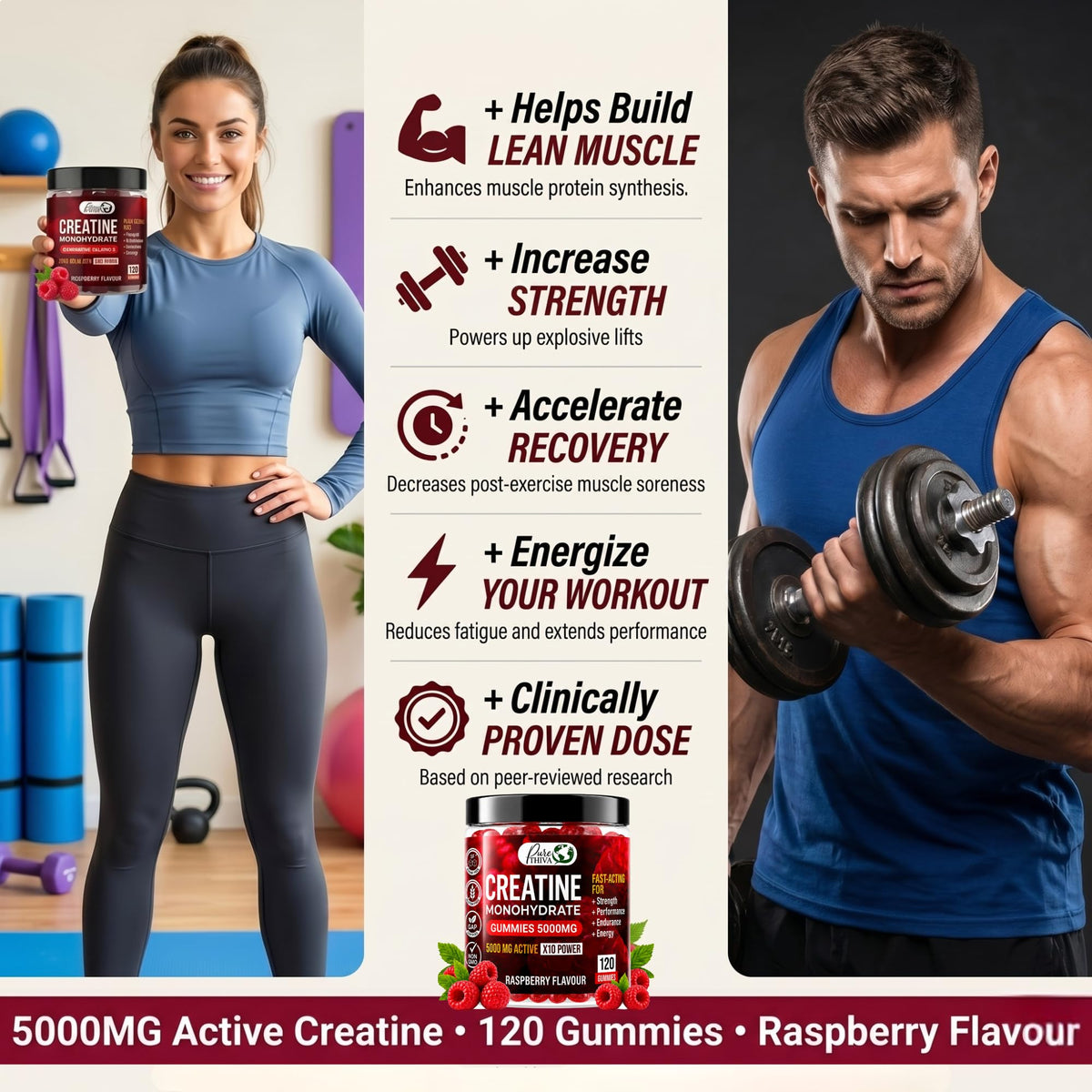Gummies créatine PureThiva avec ingrédients sur un fond naturel