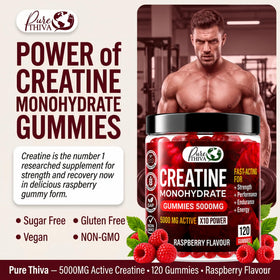 Gummies créatine PureThiva framboise sur une surface blanche