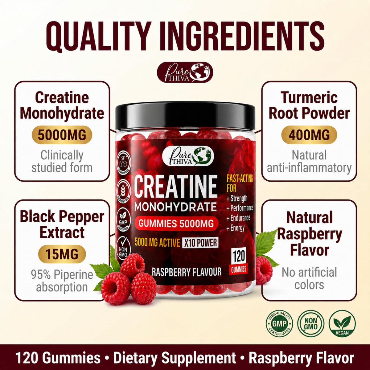 Gummies créatine PureThiva sur une table de sport