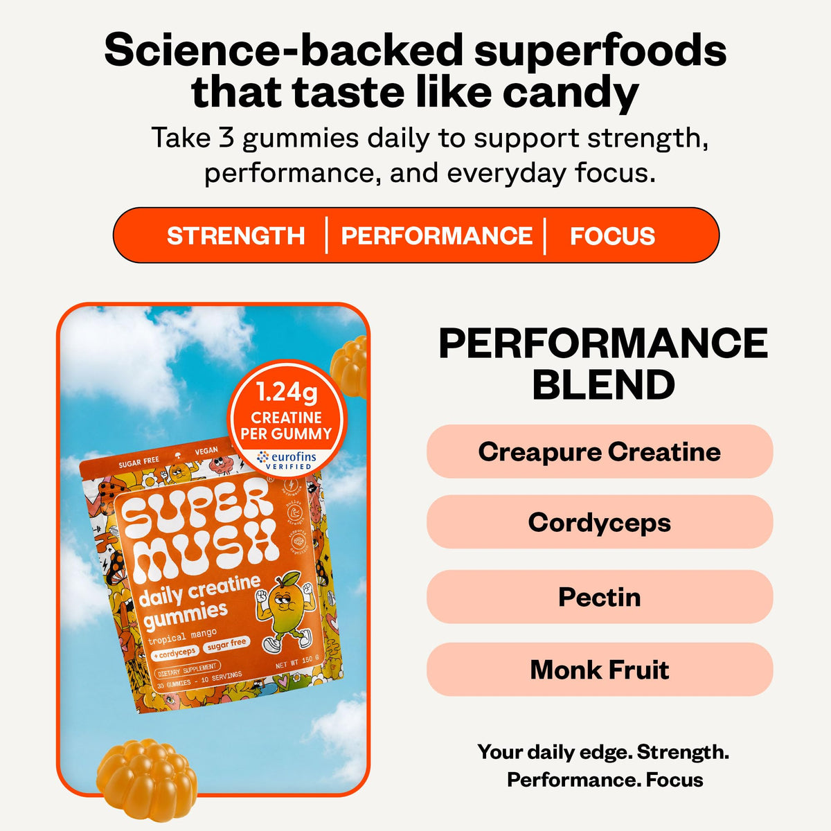 Gummies Créatine SuperMush sur un fond de nature