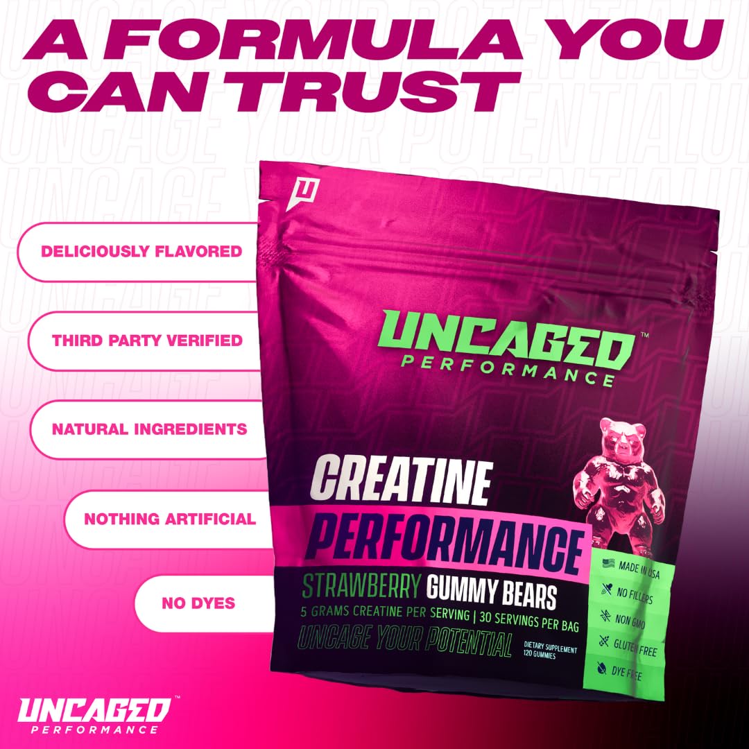 Gummies créatine Uncaged Performance 5000mg avec un verre d'eau