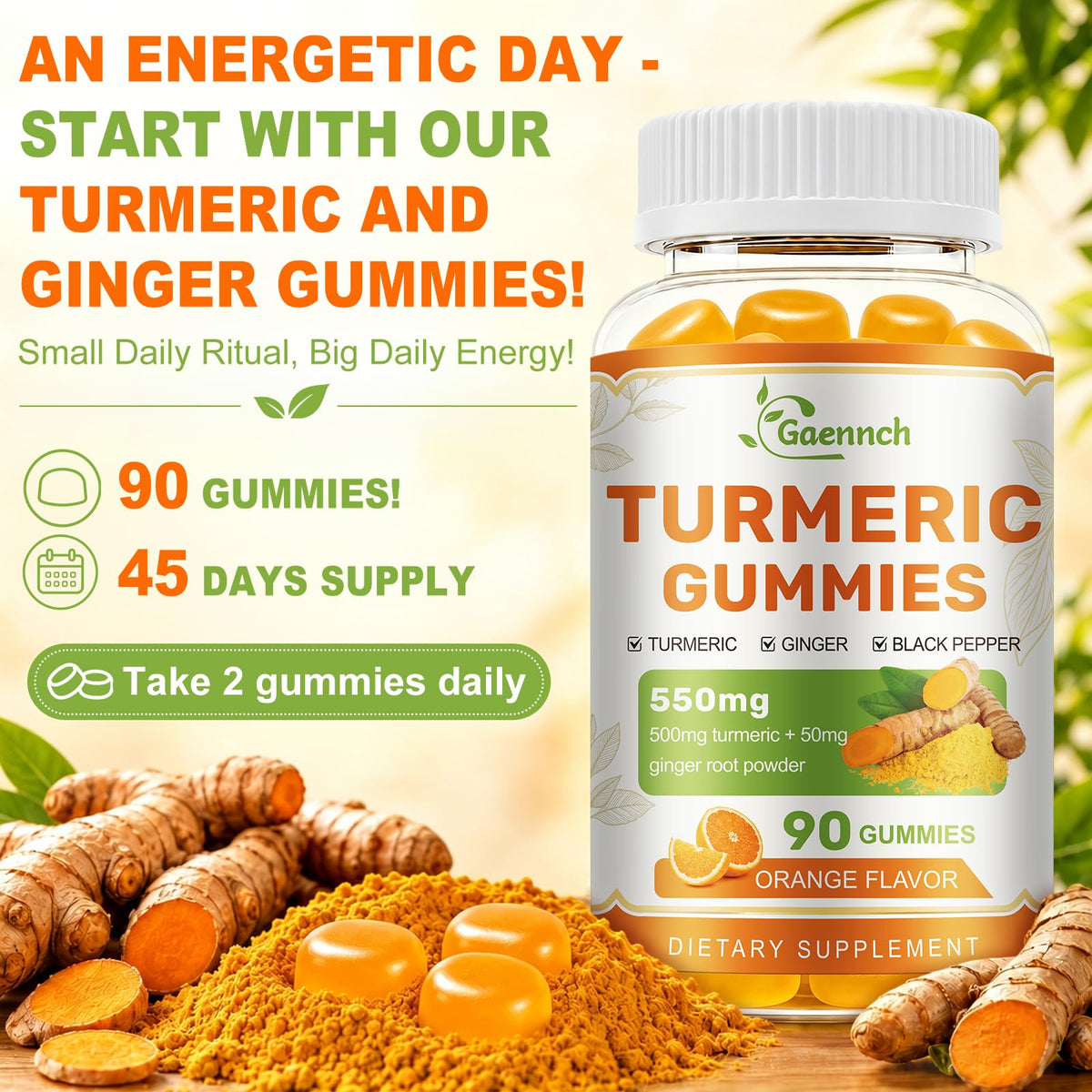 Gummies Curcuma et Gingembre Gaennch bouteille à côté de fruits