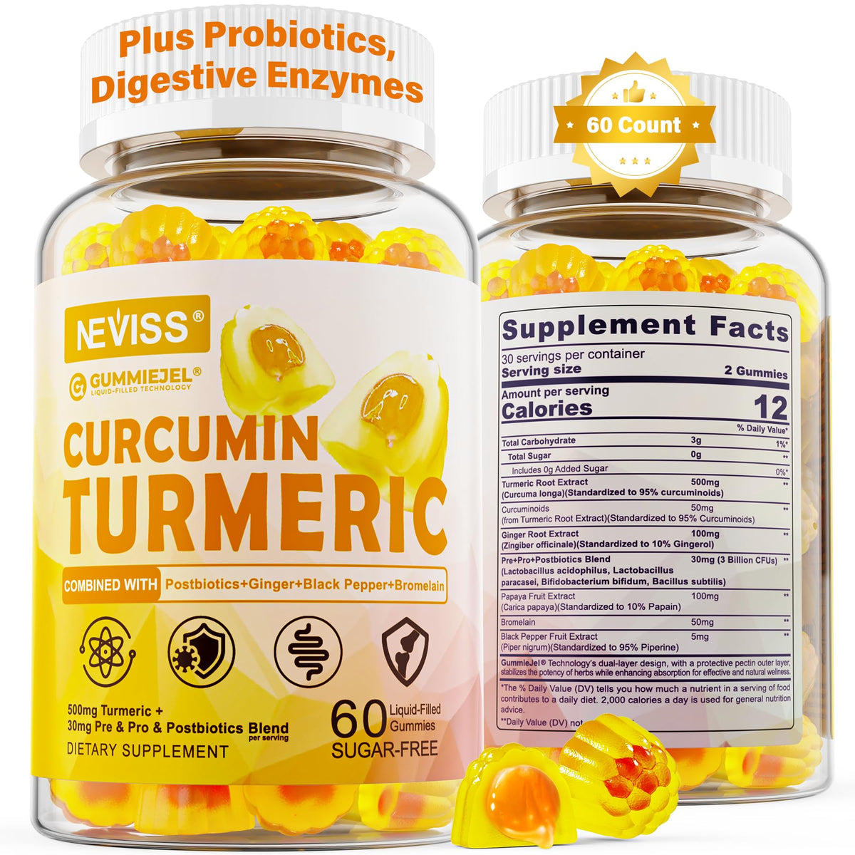 Gummies Curcuma NEVISS 550mg avec Gingembre et Poivre Noir, vue de face