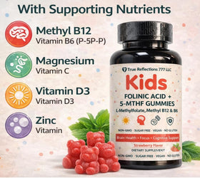 Gummies d'acide folinique sur une table avec des fruits