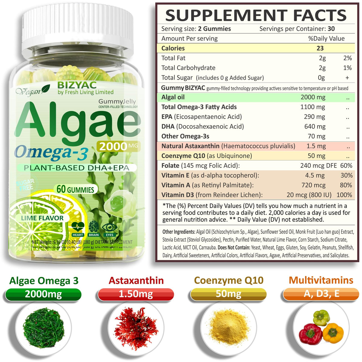 Gummies d'Algues Omega 3 BIZYAC en gros plan montrant la texture