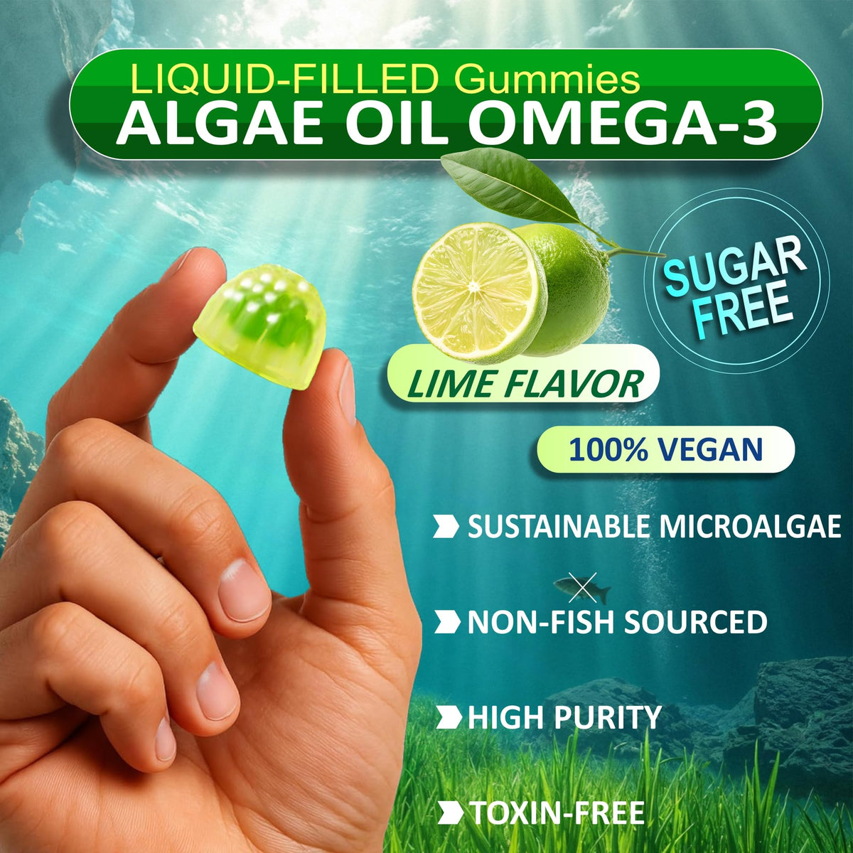 Gummies d'Algues Omega 3 BIZYAC sur une table avec des ingrédients naturels