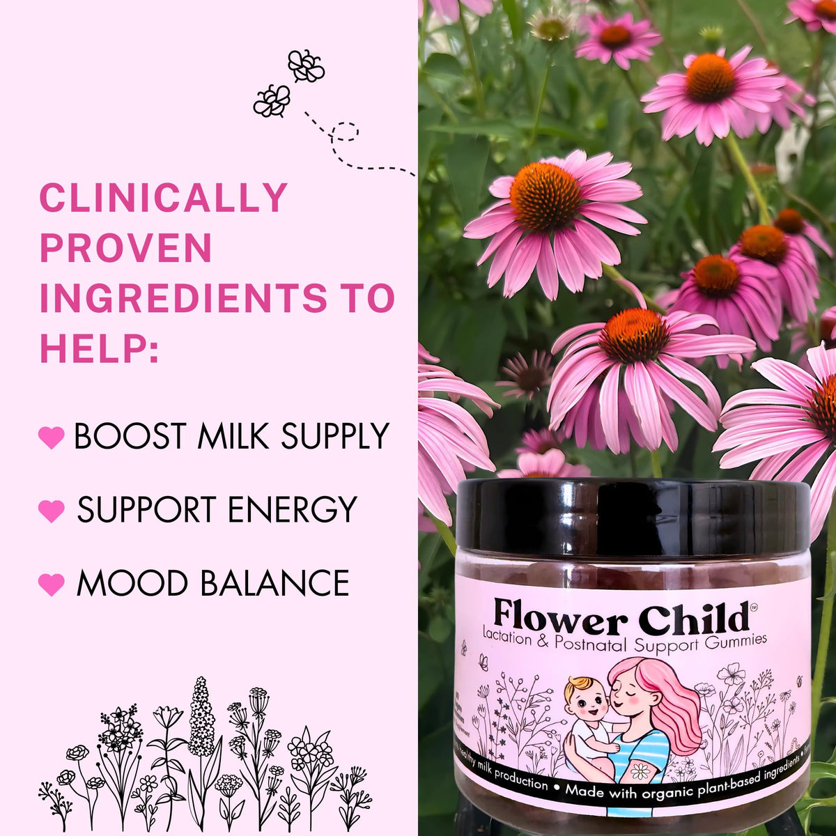 Gummies d'allaitement Flower Child, dosage et ingrédients sur l'emballage