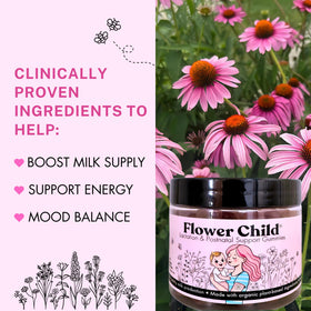 Gummies d'allaitement Flower Child, dosage et ingrédients sur l'emballage