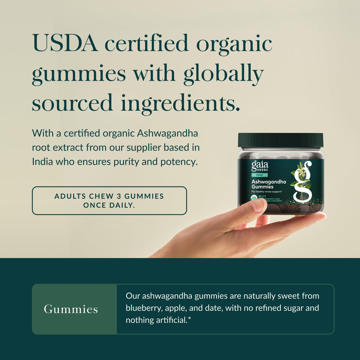Gummies d'Ashwagandha Bio Gaia Herbs sur une table