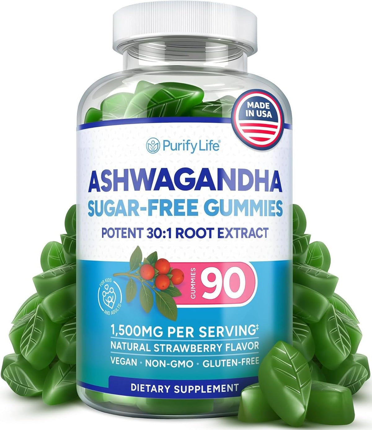 Gummies d'ashwagandha Purify Life sans sucre, emballage avant