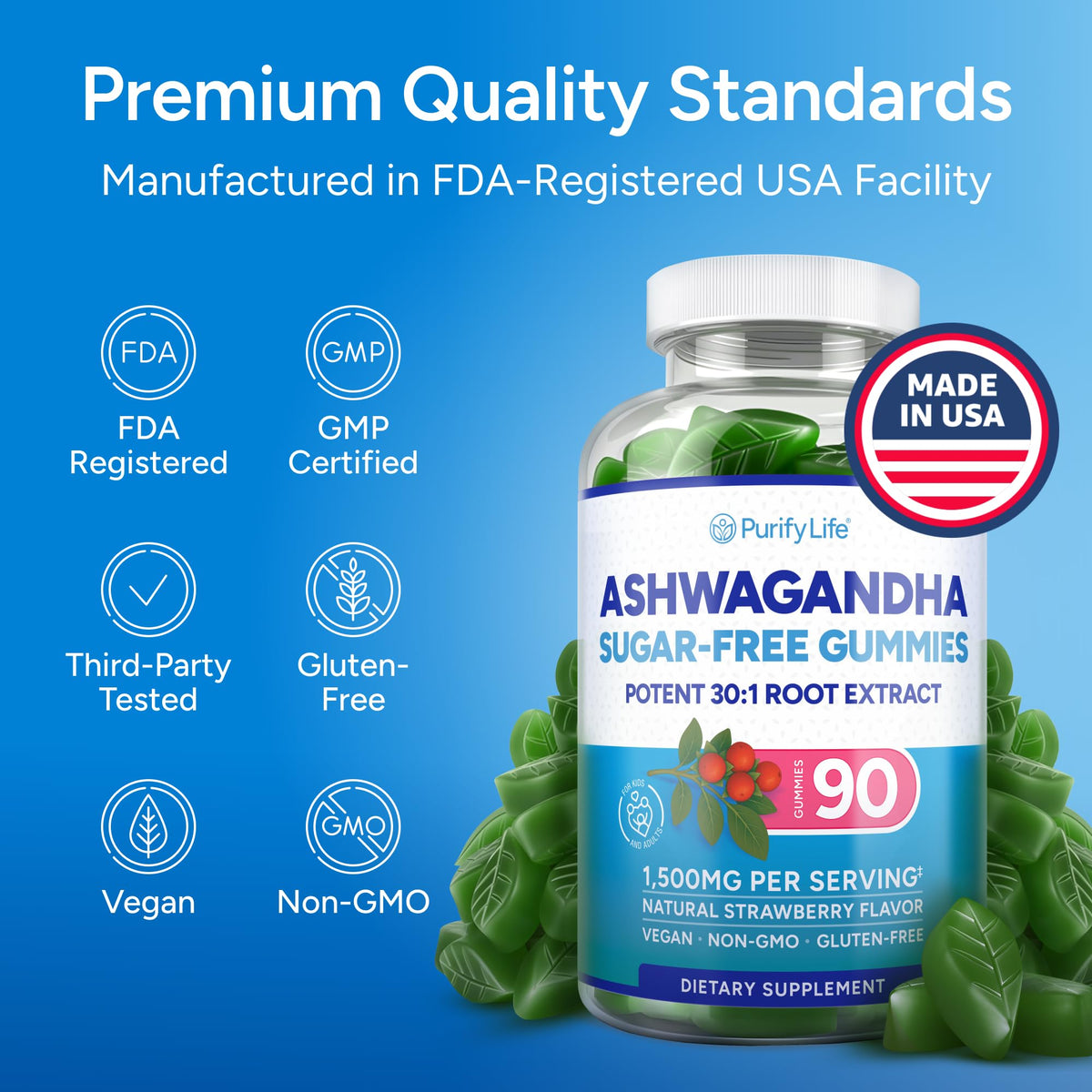 Gummies d'ashwagandha Purify Life sans sucre, en contexte sur une table