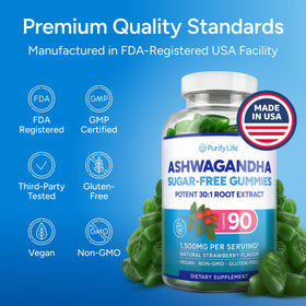 Gummies d'ashwagandha Purify Life sans sucre, en contexte sur une table