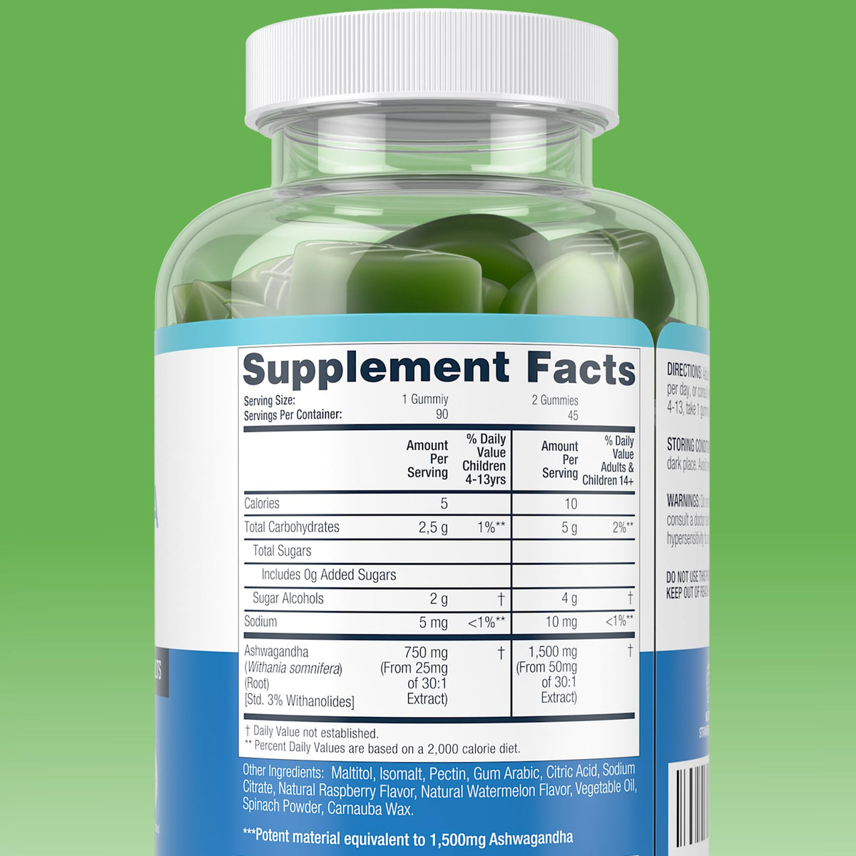 Gummies d'ashwagandha Purify Life sans sucre, étiquette des valeurs nutritionnelles