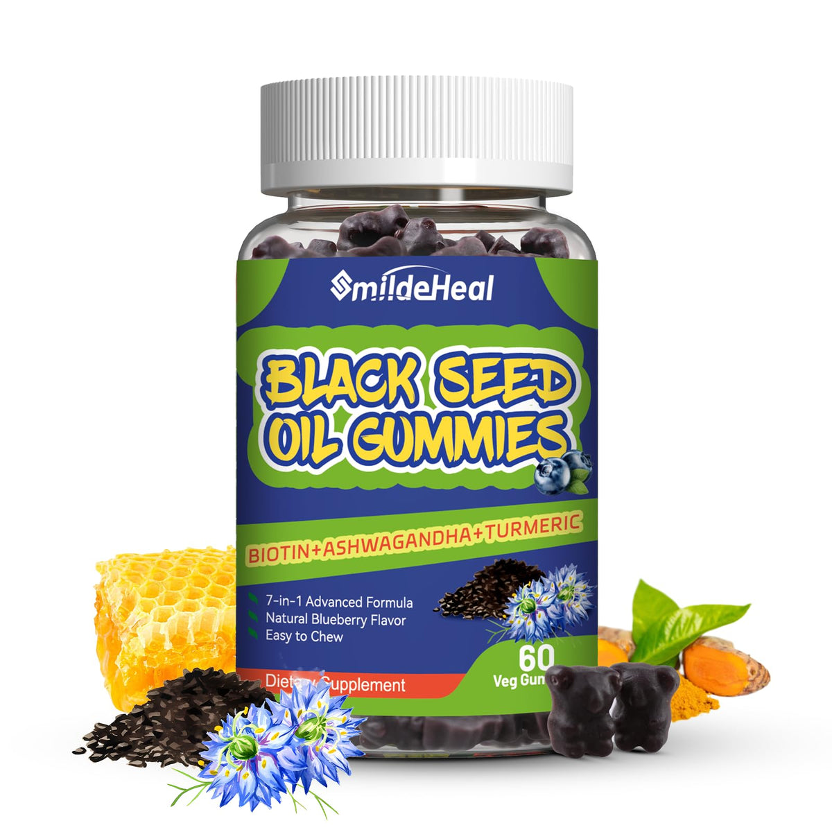 Gummies d'huile de graines noires SmildeHeal avec emballage bleu