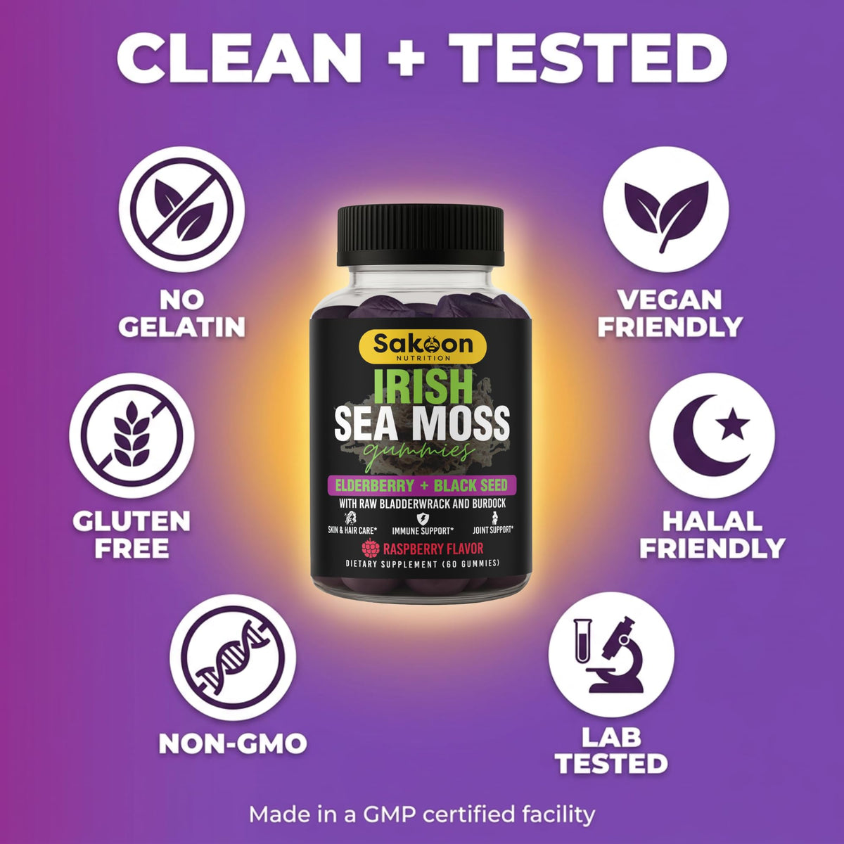 Gummies d'Irish Seamoss Sakoon nutrition avec étiquette visible