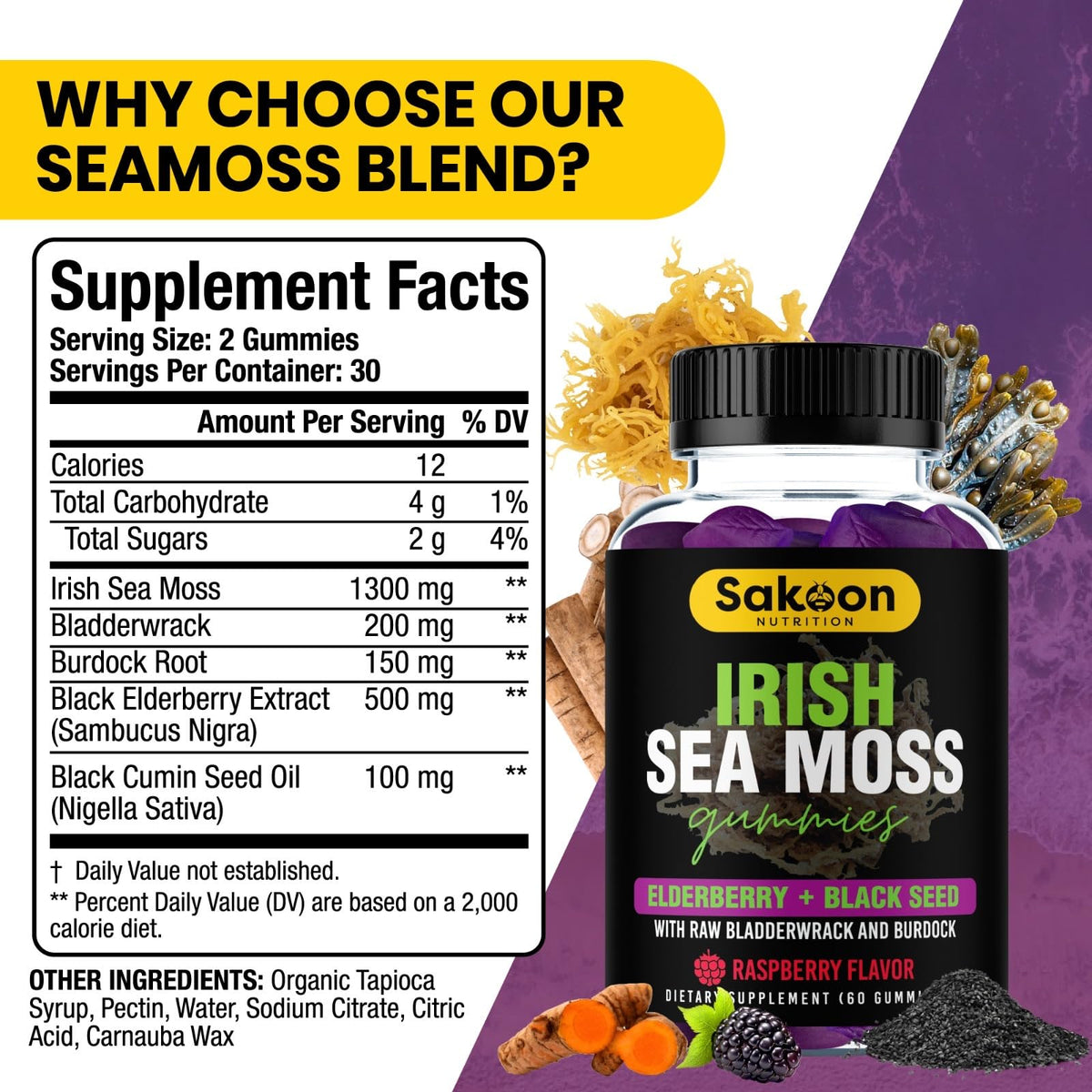 Gummies d'Irish Seamoss Sakoon nutrition, vue supérieure avec gummies visibles