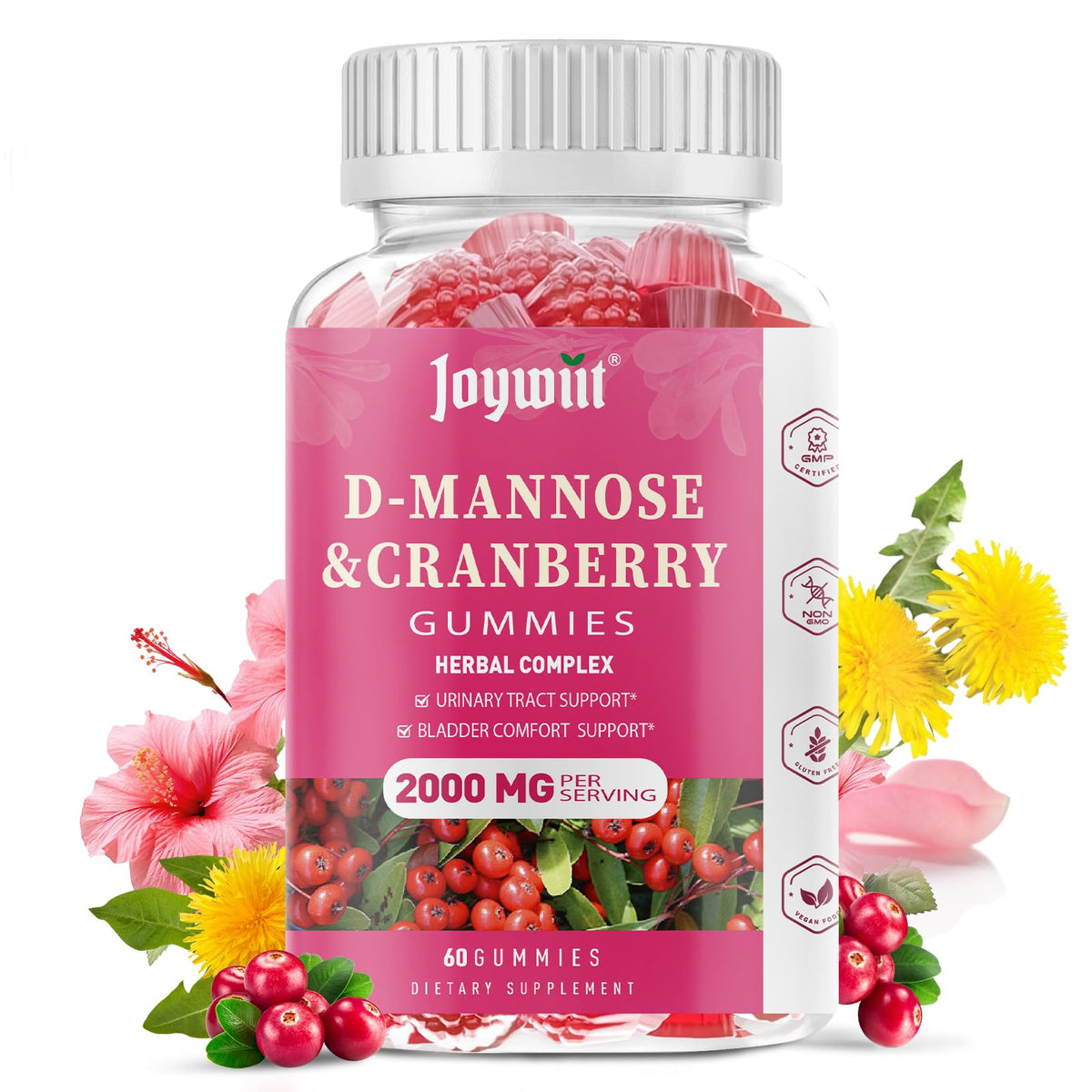 Gummies D-Mannose Joywiit 2000mg avec Cranberry et Hibiscus, vue de face