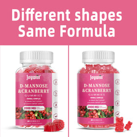 Gummies D-Mannose Joywiit sur une table, présentation avec des fruits