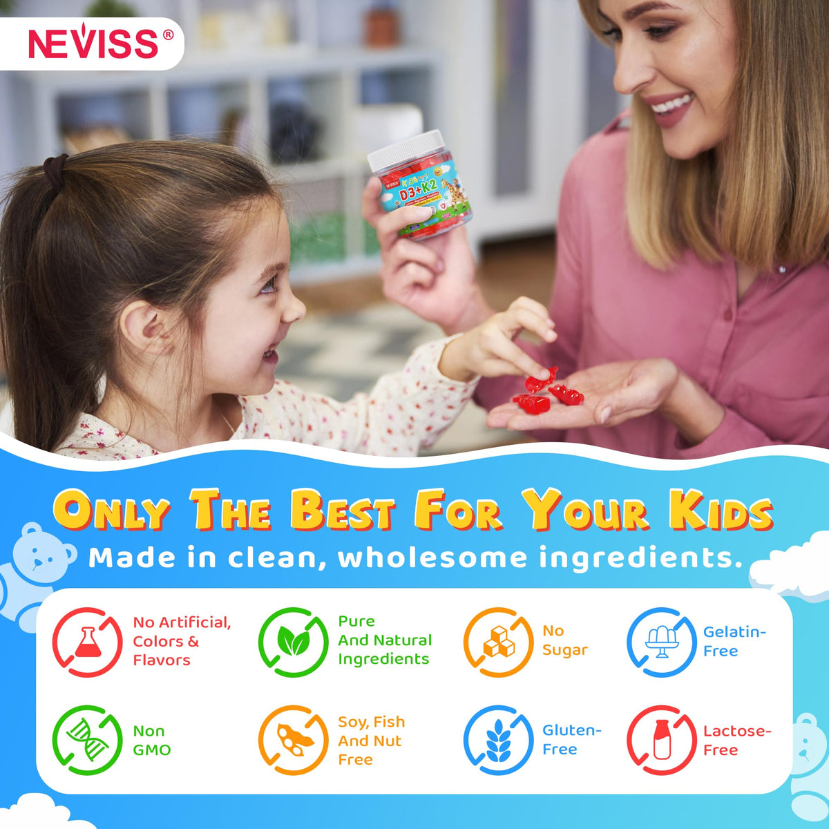 Gummies D3 K2 Enfants NEVISS en gros plan