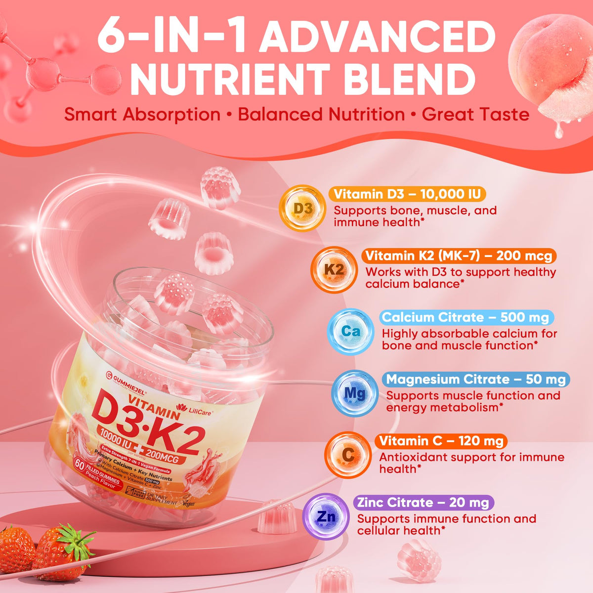 Gummies D3 K2 LILICARE 5000 IU 60 pièces en gros plan