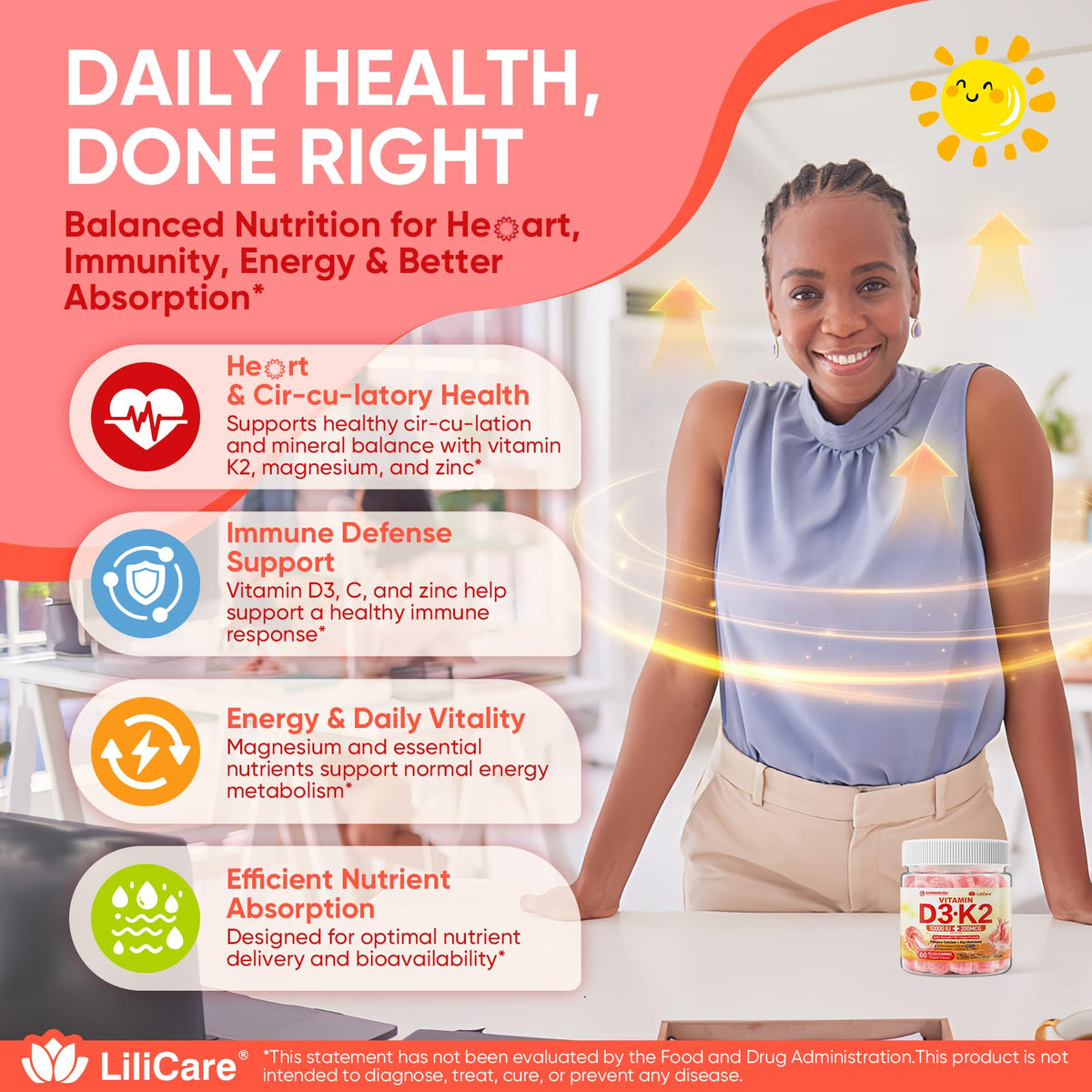 Gummies D3 K2 LILICARE avec des ingrédients en arrière-plan
