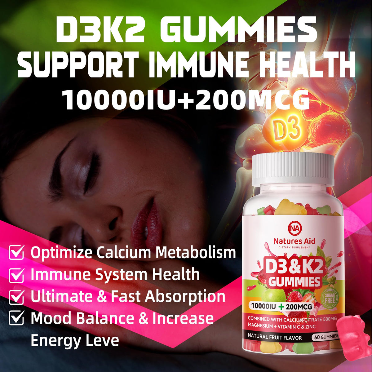 Gummies D3 K2 Vegan Natures Aid avec fruits en arrière-plan