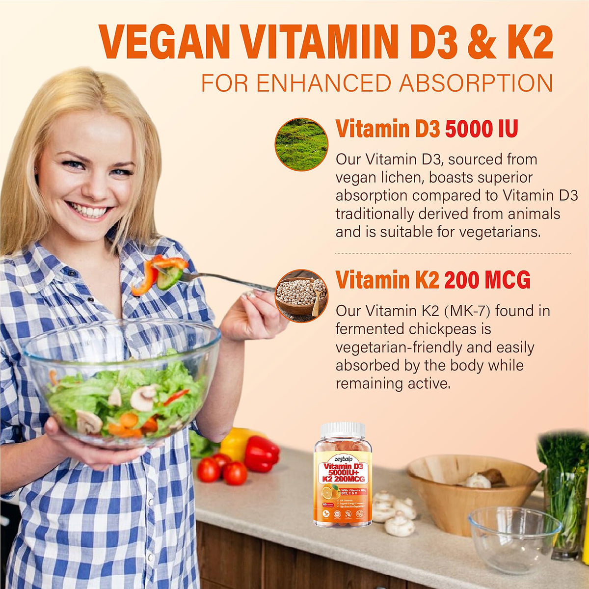 Gummies D3 K2 ZEGBALP avec dosage de 5000 IU et 200 mcg