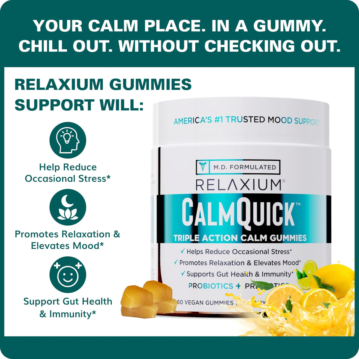Gummies daily wellness Calm pot ouvert avec gummies visibles
