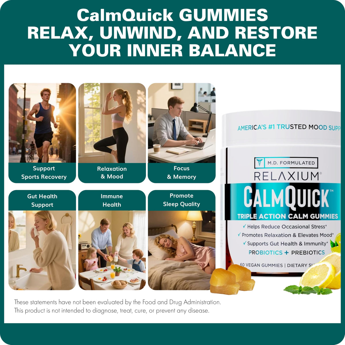Gummies daily wellness Calm sur une table avec des fruits