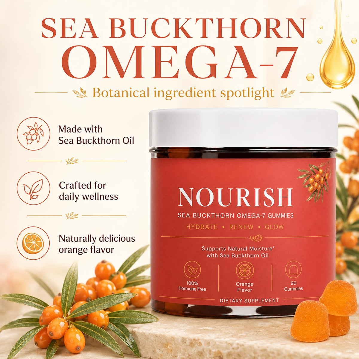Gummies de Baies de Goji Omega-7 Lumvelle Organics, détails des gummies