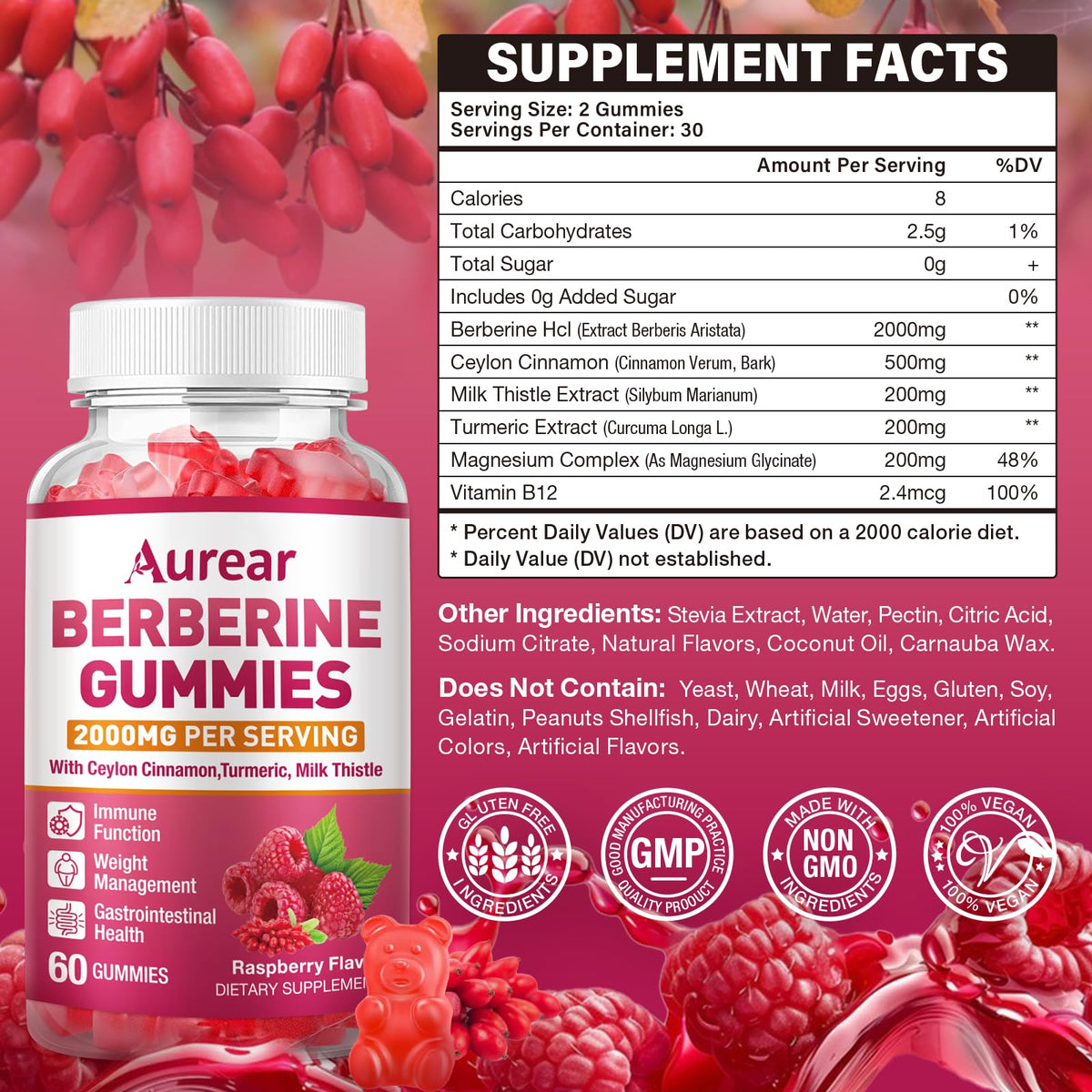 Gummies de berbérine Aurear 2000mg avec vue de côté