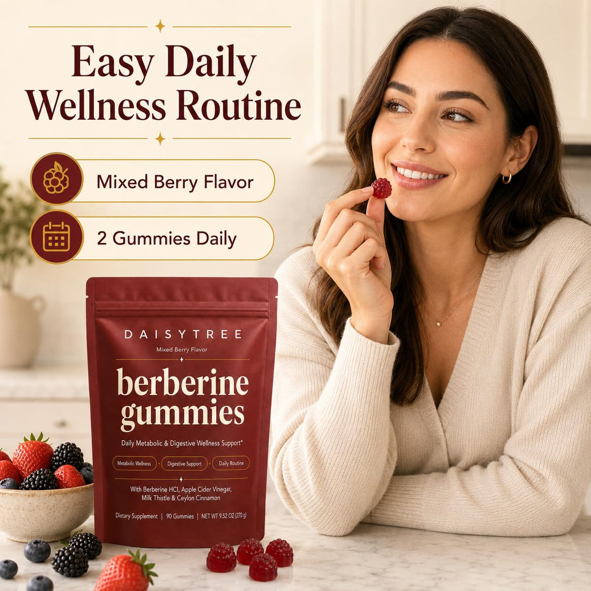 Gummies de berbérine DAISYTREE avec un fond de cuisine
