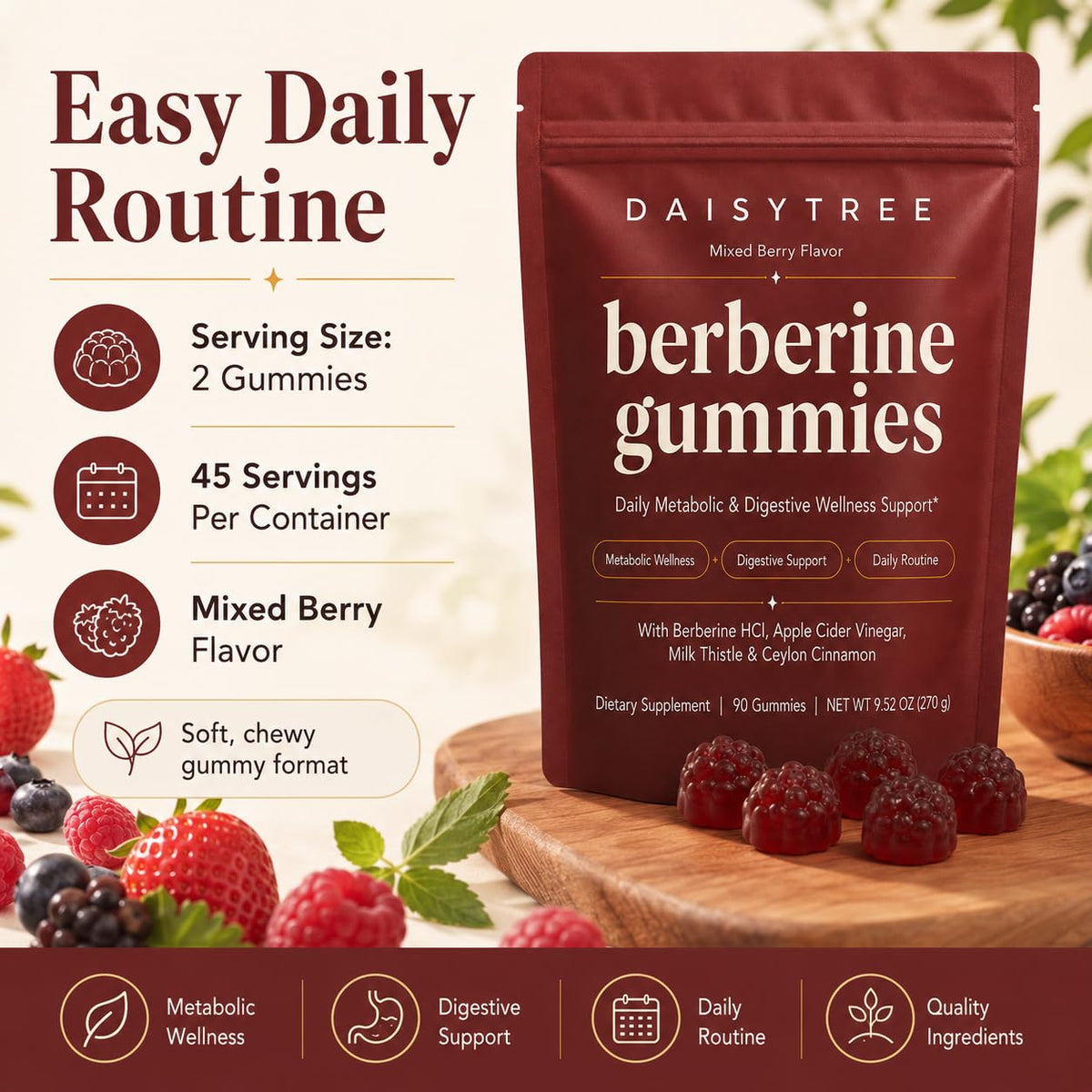 Gummies de berbérine DAISYTREE sur une table en bois