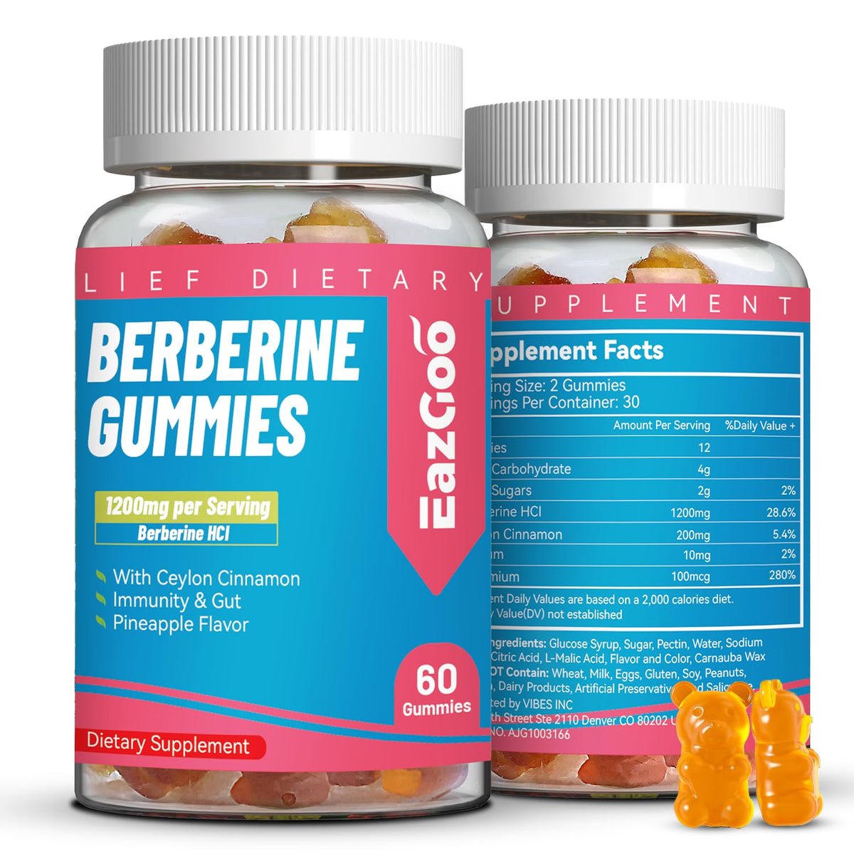 Gummies de Berbérine EAZGOO 1200mg avec Cannelle de Ceylan, vue de face