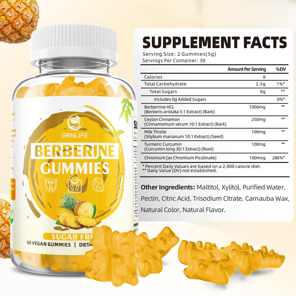 Gummies de Berbérine GrnLife avec saveur ananas sur fond blanc