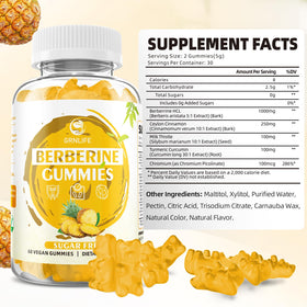 Gummies de Berbérine GrnLife avec saveur ananas sur fond blanc