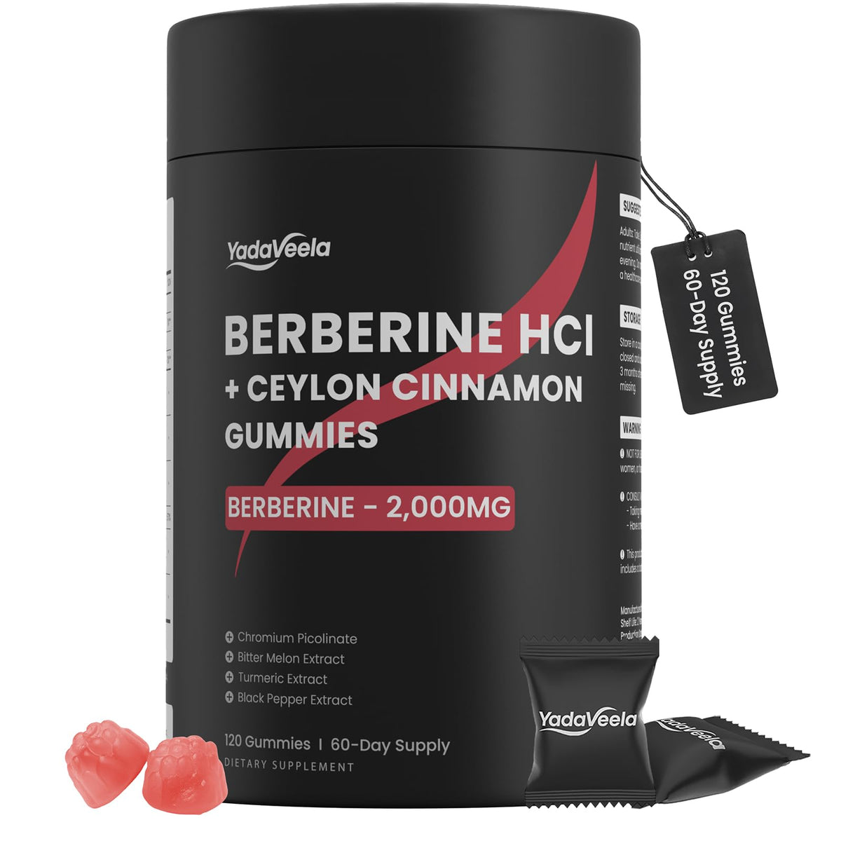 Gummies de Berbérine HCl YadaVeela en emballage individuel, goût pêche blanche
