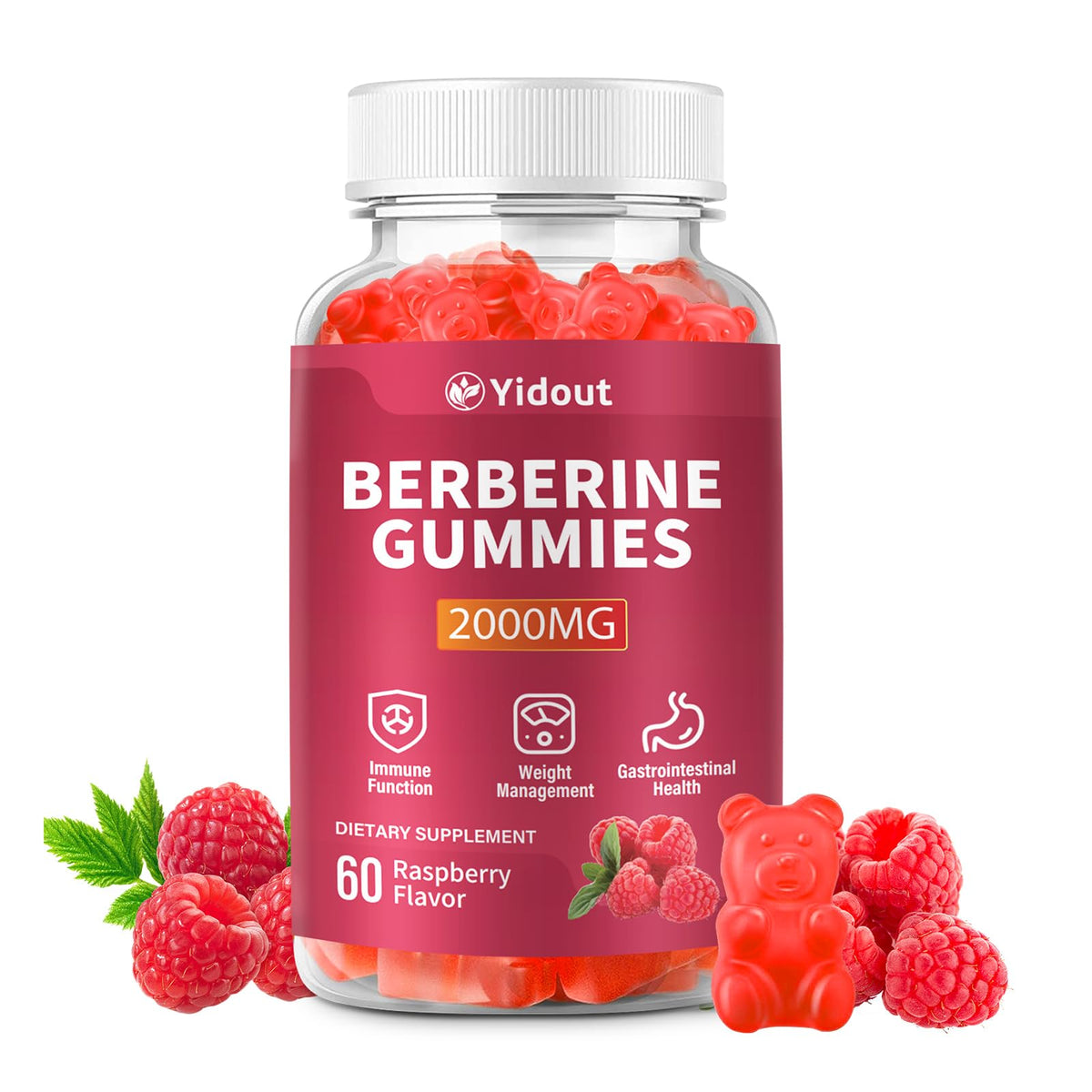 Gummies de Berbérine HCL Yidout 2000mg, framboise, vue de face