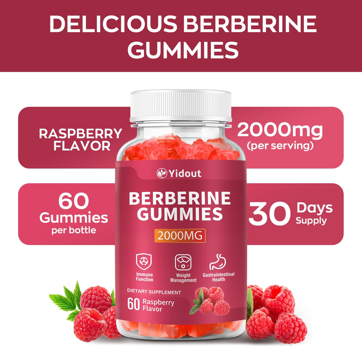Gummies de Berbérine HCL Yidout avec des framboises fraîches
