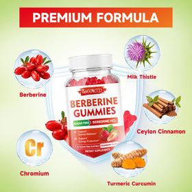 Gummies de berbérine MEENCCD avec un fond de fruits frais