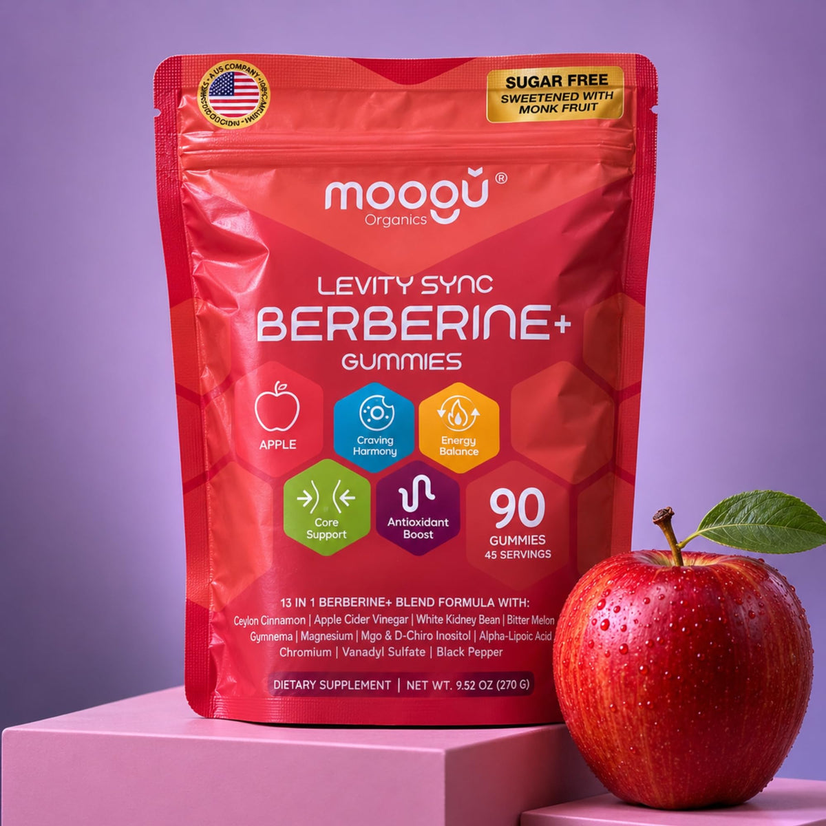 Gummies de Berbérine Moogǔ Organics avec Cannelle de Ceylan sur un fond blanc