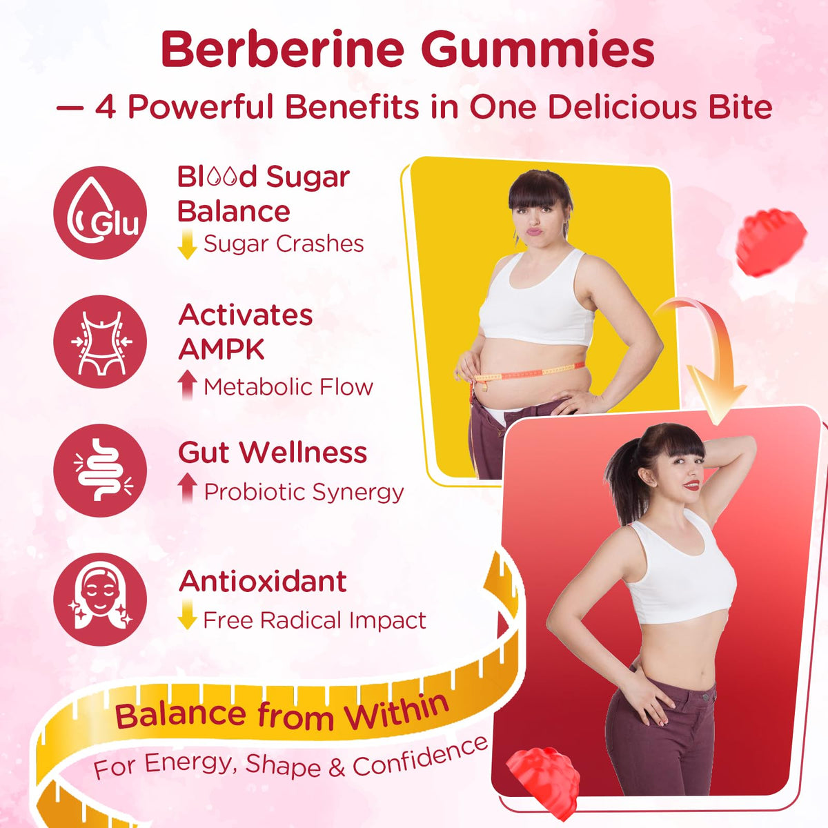 Gummies de berbérine Myrtaverde, présentation des gummies sur fond blanc