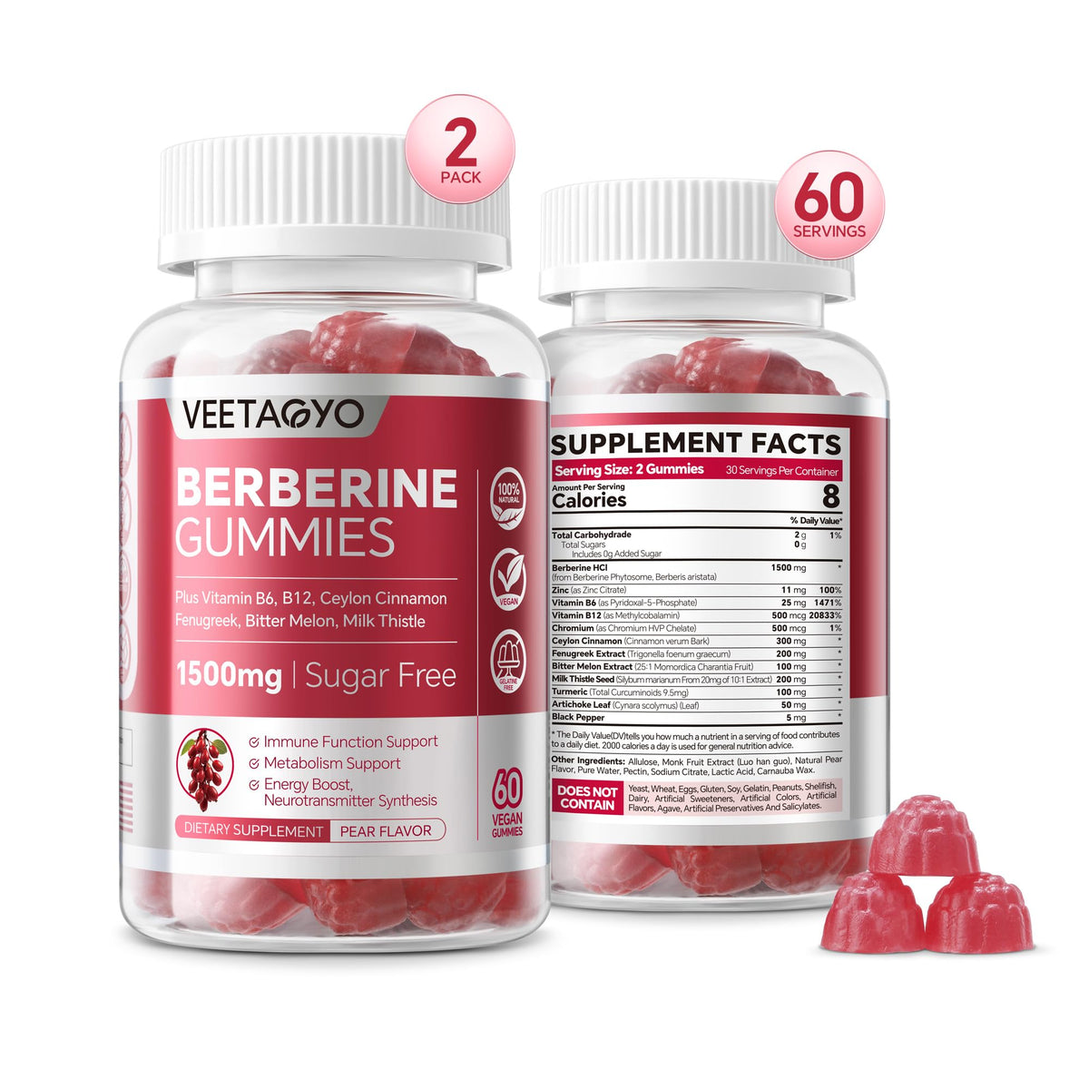 Gummies de berbérine VEETAGYO 1500mg, boîte de 120 unités