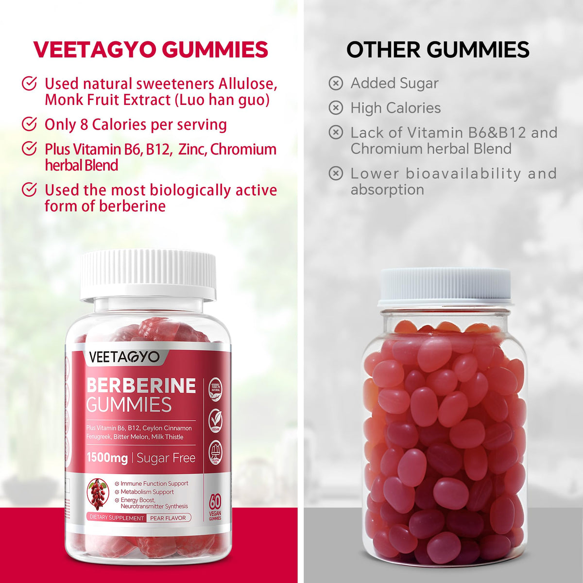 Gummies de berbérine VEETAGYO 1500mg, étiquette détaillant les ingrédients